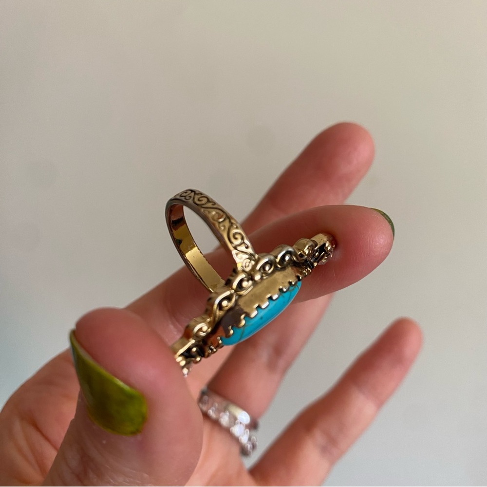 Boho Gold Tone Oblong Ring with Turquoise Tone Center Stone - Picture 5 of 5